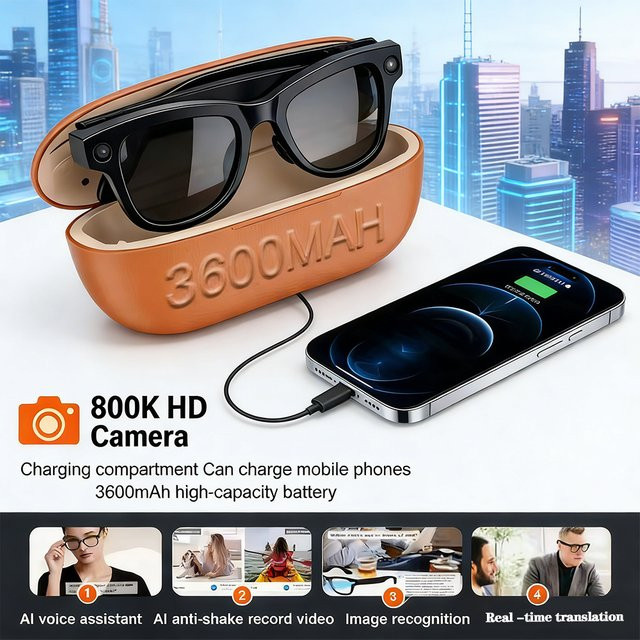 Smarte KI-Brille mit 4K 800W Kamera, ChatGPT, Übersetzungsfunktion und Musik-Sonnenbrille, 32GB, inklusive 3600mAh Ladecase und Powerbank, in Schwarz oder Weiß - Bild 1