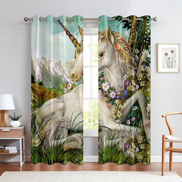 Yiran Furniture Fenstergardinen mit Einhorn-Cartoon-Muster, 2-teiliges Set, halbtransparent, bunt, Breite: 50 cm, Höhe: 140 cm - Bild 1