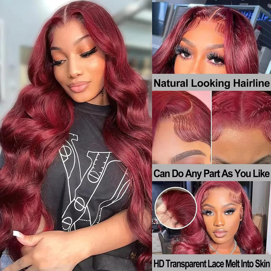 ALIKODY Perücke Echthaar, 16 Zoll, Burgunderrot, Body Wave, Lace Front, Damen - Bild 2