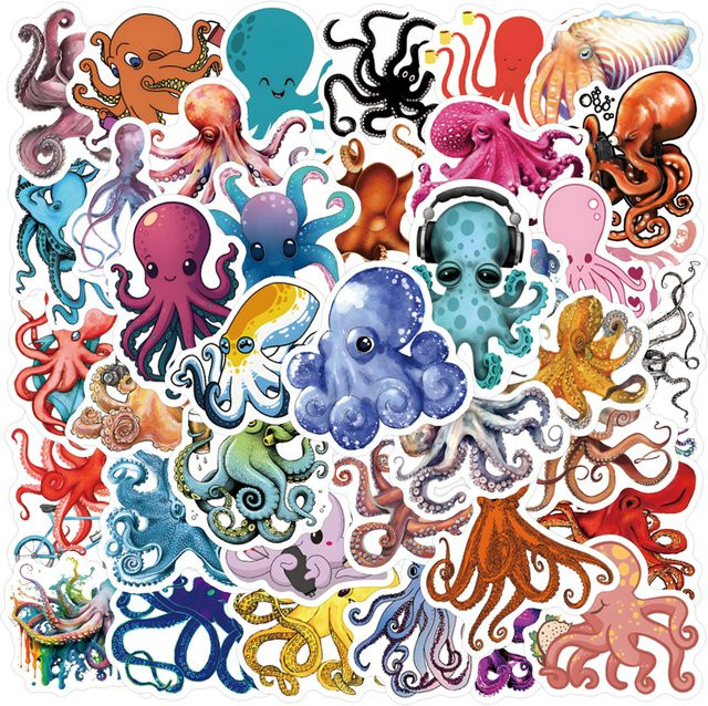 55 Stück Oktopus Meereskreaturen Cartoon Graffiti Aufkleber, wasserfeste DIY Sticker in Multicolour für Scrapbooking, Gepäck und Skateboard - Bild 1