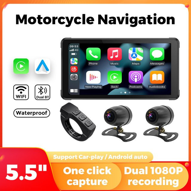Carpuride Moto Carplay und Android Auto Gerät für Motorräder mit 5,5 Zoll Display, IPX7 wasserdicht, Bluetooth und DVR Funktion in Schwarz und Gold - Bild 1