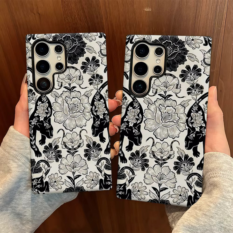 Glänzende Handyhülle mit schwarz-weißem floralem Tier-Design für Samsung Galaxy S25 Ultra, S24 und S23 Ultra Plus mit doppellagiger Rückseite - Bild 6