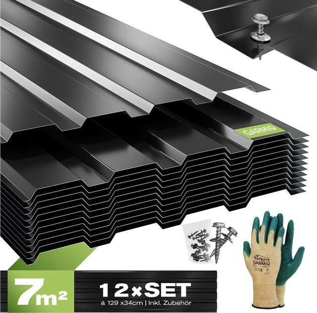 GARMIO Profilblech Amalfi 129 Trapezblech Set aus verzinktem Stahl in Schwarz, 12 Stück, B: 129 cm, H: 45 cm - Bild 1