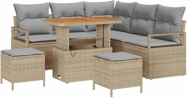 vidaXL Garten-Sofa-Set 8-tlg. aus Poly Rattan und Akazienholz in Beige mit Kissen für Garten, Terrasse und Balkon - Bild 1