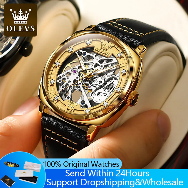 OLEVS Armbanduhr, Automatik, Leder, Schwarz, Gold, Herren - Bild 1