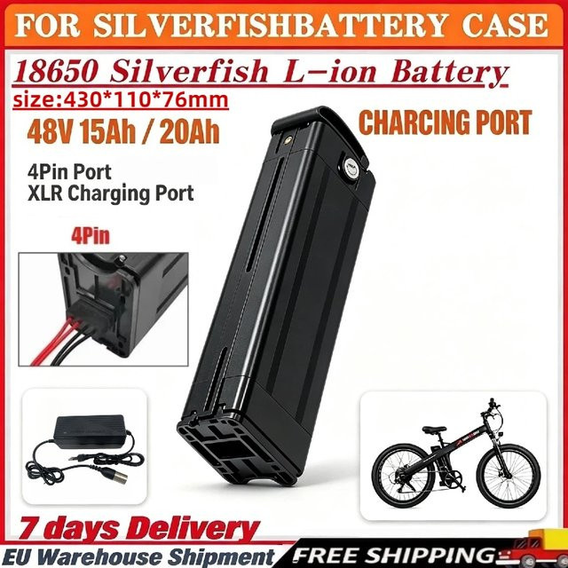 Aleaivy Silverfish 48V Lithium-Akkupack 15Ah in Schwarz mit 2A Schnellladegerät und integriertem Schutzsystem für 250W Motoren - Bild 1