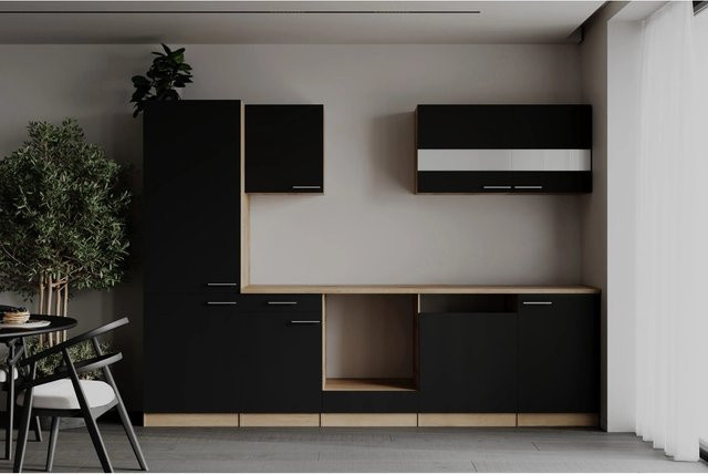 Respekta Küchenzeile Merle modern in Schwarz mit Eiche Sägerau Nachbildung und Soft-Close-Glasfronten, Breite: 280 cm, Höhe: 200 cm - Bild 1
