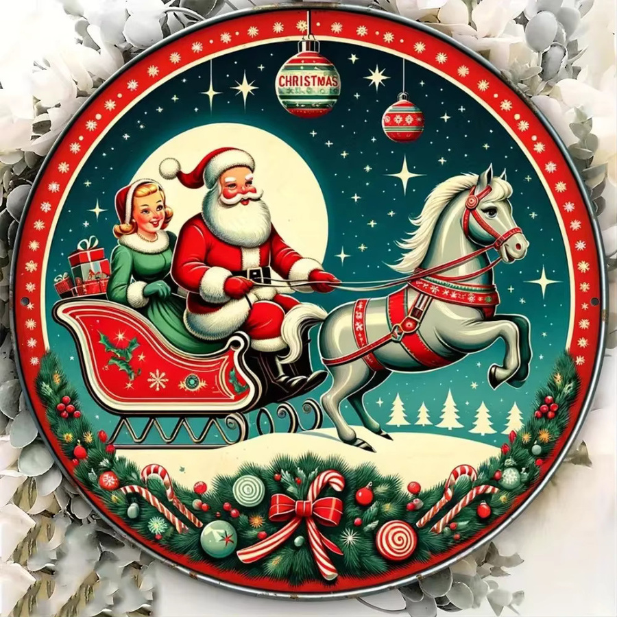 HELLOYOUNG Vintage Weihnachts-Wandkunst aus Aluminium mit Weihnachtsmann im Schlitten, rund, Silber/Mehrfarbig, Durchmesser: 20 cm - Bild 4