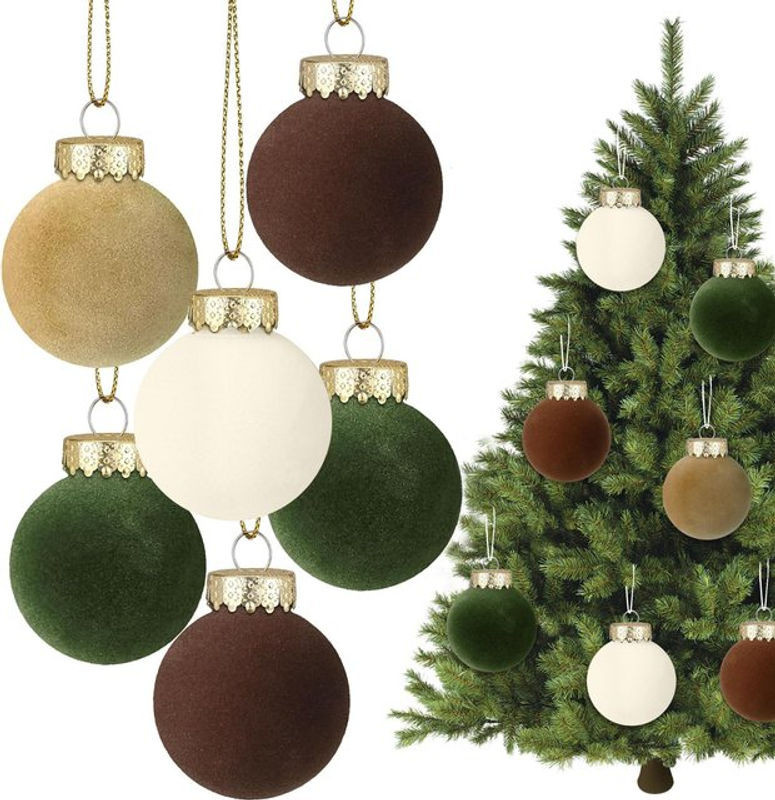 12 Stück beflockte Samt-Weihnachtskugeln in Mehrfarbig als hängende Weihnachtsbaumornamente aus Kunststoff und Textil - Bild 1