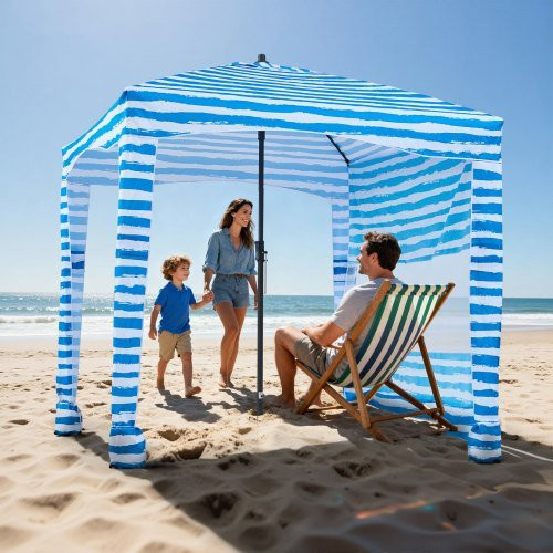 VEVOR Strand-Cabana Strandüberdachung mit Seitenwand und Sandsäcken, UPF 50+ Sonnenschutz, Blau gestreift, B/T: 183 x 183 cm - Bild 1