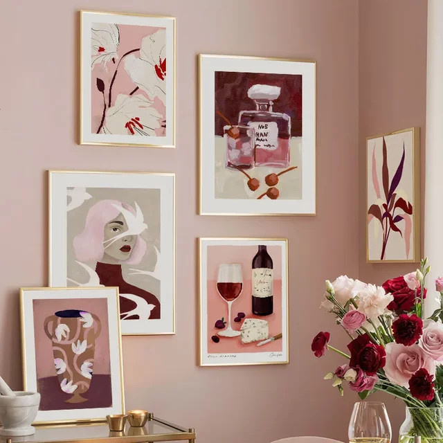 Abstrakte Leinwandmalerei von Potdemiel mit Blumen, Vögeln und Mädchen in Rot und Multicolour für moderne Wanddekoration - Bild 1