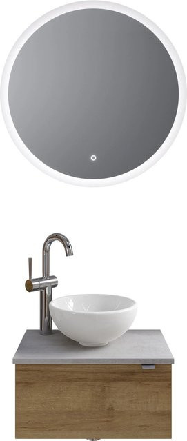Pelipal Badmöbel-Set Serie 6915 Riviera Eiche-oxid Dunkelgrau mit Waschtischunterschrank, Waschtischplatte, Keramik Aufsatzbecken und Funktionsspiegel mit LED-Beleuchtung und Sensor-Schalter - Bild 1