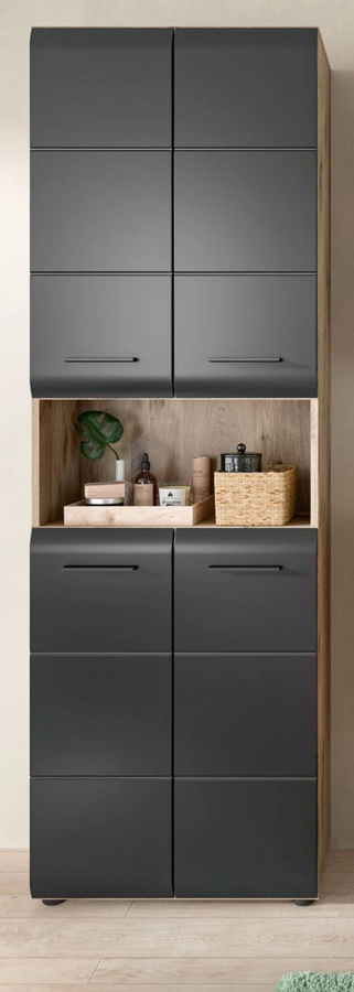 Moderner Badezimmer Hochschrank in Schwarz und Eiche, B/T/H: 60 x 30 x 185 cm - Bild 1