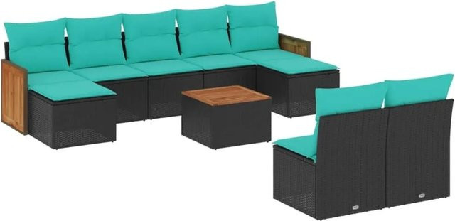 vidaXL 10-tlg. Gartensofa-Set aus Polyrattan in Schwarz mit Kissen und Couchtisch für Terrasse und Garten - Bild 1