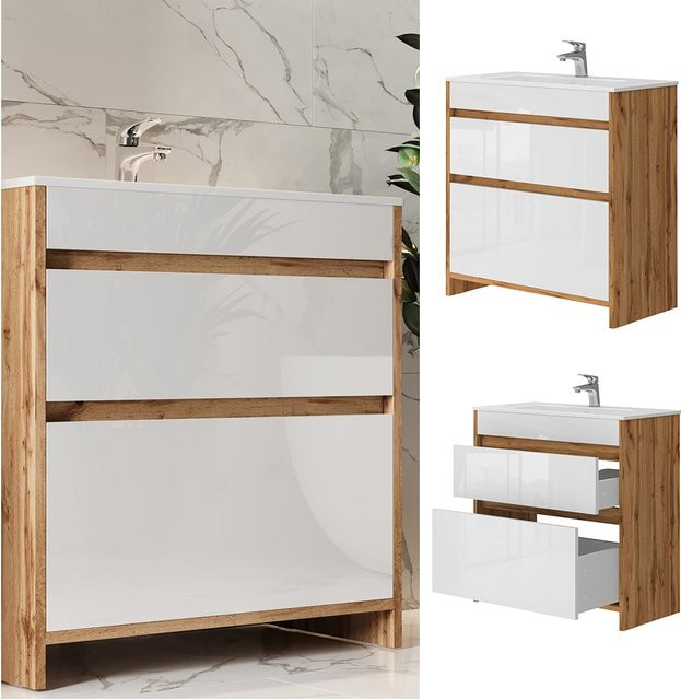 Vicco Waschbeckenunterschrank Detmold Eiche Weiß Hochglanz Breite: 80 cm, Tiefe: 40 cm, Höhe: 81,9 cm - Bild 1