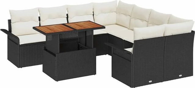 vidaXL 9-tlg. Garten-Sofa-Set in Schwarz aus Poly-Rattan mit L-Form und integriertem Kissen-Speicher - Bild 1