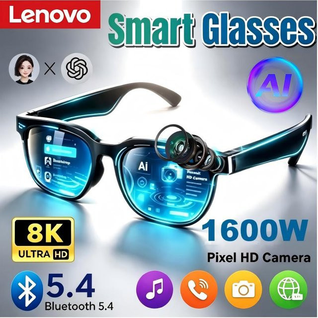Lenovo Smart-Brille mit 1600W Kamera, 8K-Aufnahme, KI-Echtzeit-Übersetzung und Bluetooth 5.4 Kopfhörer in Schwarz oder Weiß - Bild 1