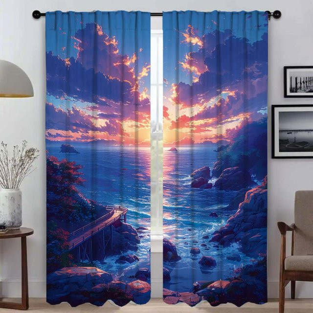 Moderne Vorhänge mit Traumlandschaft-Motiv aus Tüll, 2er-Set, Mehrfarbig, Breite: 50 cm, Höhe: 70 cm - Bild 1