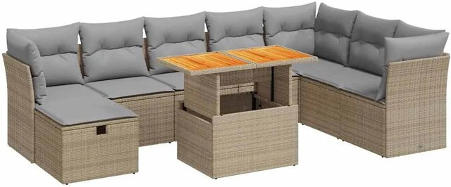 vidaXL 9-teilige Garten-Sofagarnitur in U-Form aus Polyrattan und Akazie mit Kissen in Beige - Bild 1