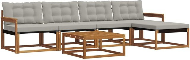 vidaXL Outdoor-Sofagarnitur 6-teilig aus Akazienholz und Textilene in Natur und Grau mit UV-beständigen Kissen - Bild 1