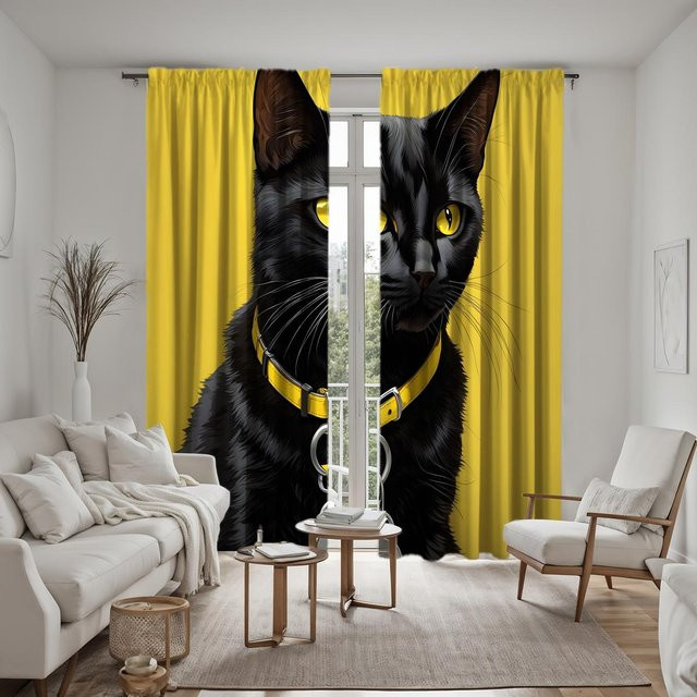 2er-Set dekorative Vorhänge mit schwarzem Katzen-Motiv in Gelb, halbtransparent mit gelbem Bindeband, B: 132 cm, H: 160 cm - Bild 1