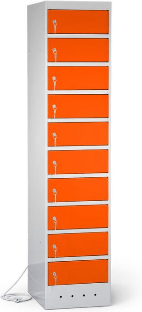 rotstahl Laptopschrank mit 10 Fächern aus Stahlblech, Farbe Orange und Korpus Lichtgrau, B: 40 cm, H: 180 cm - Bild 1