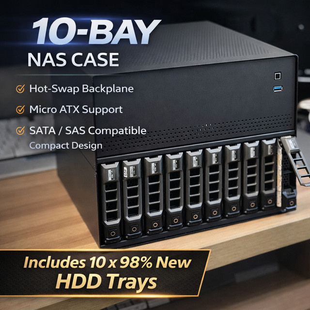 VBNM NAS-Servergehäuse in Schwarz mit 10 HDD-Einschüben, MATX-Chassis aus 0,8mm verzinktem Stahl mit SATA und SAS Hot-Swap Backplane für 2,5 und 3,5 Zoll Festplatten - Bild 1