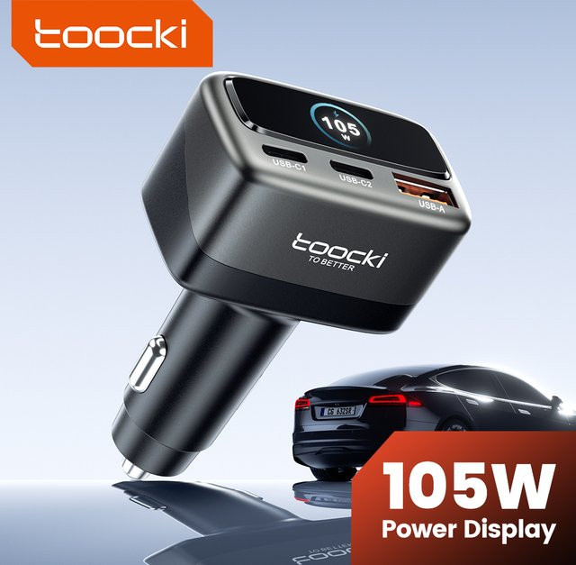 Toocki 105 W Auto Ladegerät mit Display, 3-in-1 Schnellladegerät mit PD 45 W, 30 W und PPS, USB-C für iPhone, Samsung und Xiaomi, Schwarz/Grau - Bild 1