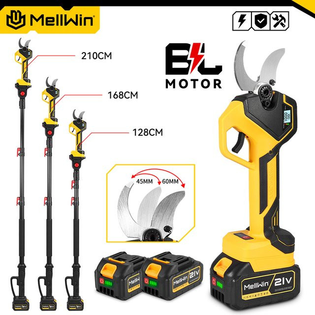 MELLWIN Bürstenlose Elektro-Gartenschere mit 50 mm Schneidblatt und 180 cm Teleskopstange in Gelb für Makita LXT 18V Akku - Bild 1