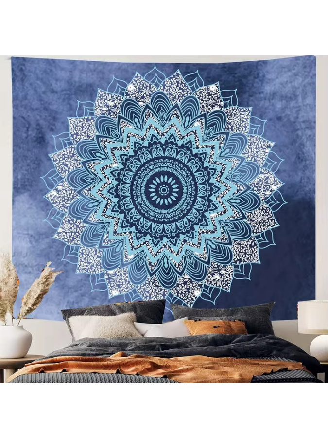 VIKAMA Boho-Mandala Wandbehang in Blau mit floralem Design, Textil-Wandteppich für Wohnzimmer und Schlafzimmer, B: 60 cm, H: 40 cm - Bild 5