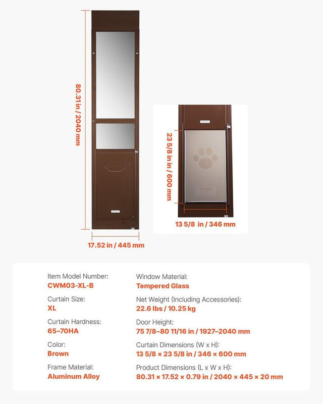 Buying Solutions MB Hundetür für Schiebetüren aus Aluminiumlegierung mit Schlossdesign und Metallscharnieren, Farbe: Braun, B/H: 346 x 600 mm, verstellbare Höhe: 1927 mm bis 2040 mm - Bild 2