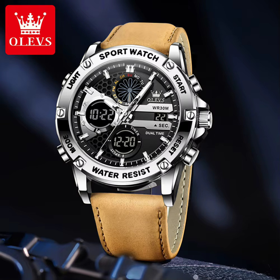 OLEVS Armbanduhr, Quarz, Lederarmband, Gold, Schwarz, Herren - Bild 2