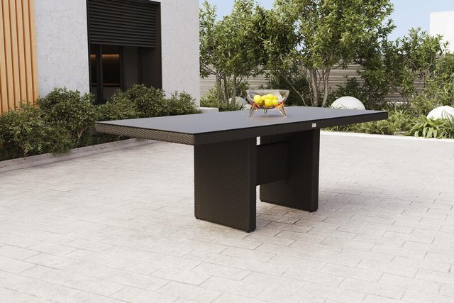 OUTFLEXX Rocking Dining Tisch aus Polyrattan in Grau/Braun-meliert mit Glasplatte in Steinoptik, B: 220 cm, T: 100 cm - Bild 1