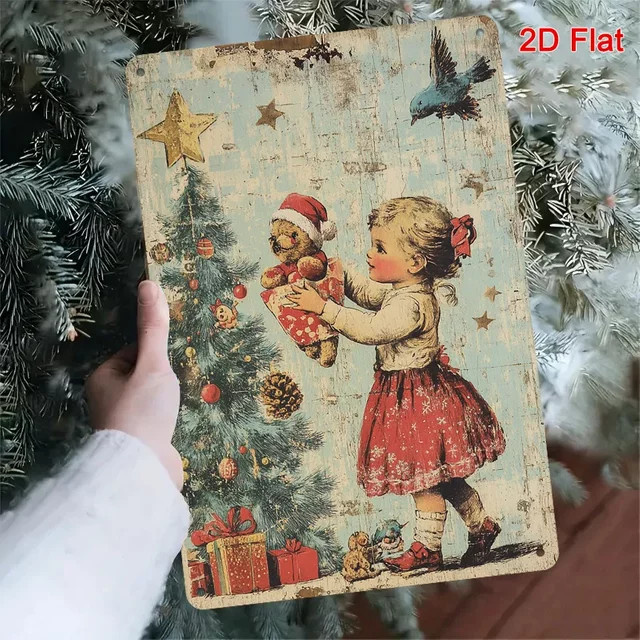 HELLOYOUNG Vintage Metall Weihnachtsbaum Wandschild mit Schneeflocken und floralem Design, Mehrfarbig, Breite: 30,0 cm, Höhe: 20,0 cm - Bild 1