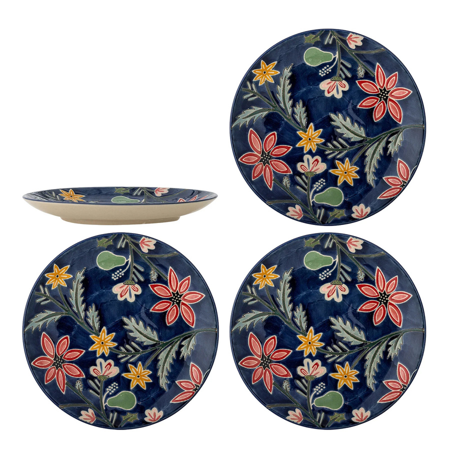 Bloomingville Teller-Set Meredith aus Steingut, blau, floral, 4 Stück, Durchmesser: 20,5 cm - Bild 1