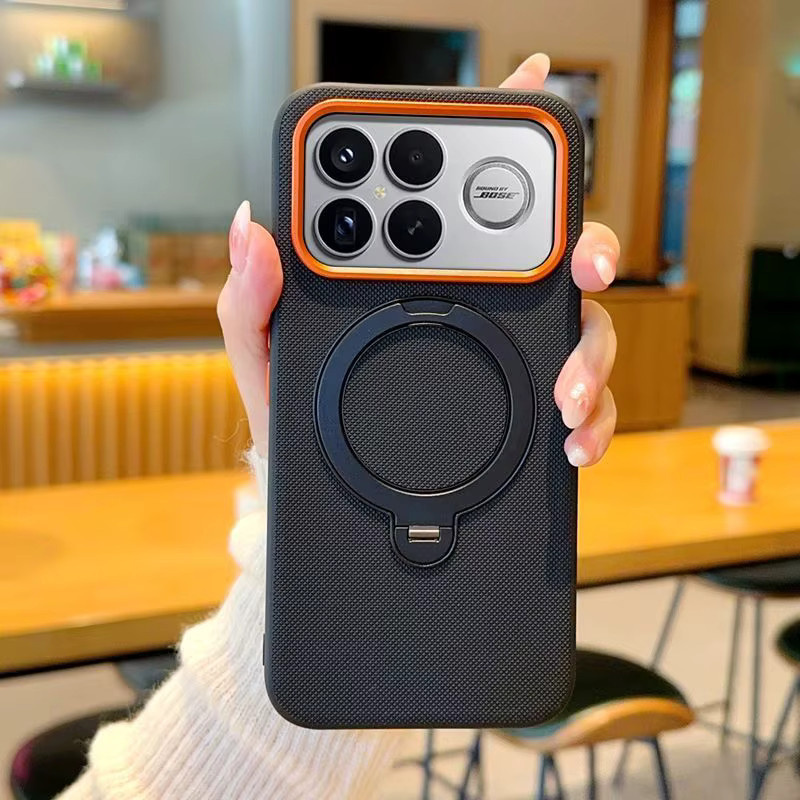 Stoßfeste Lederhülle mit Metall-Drehständer und Objektivrahmen für POCO F9 F8 Pro Ultra in Orange und Weiß - Bild 4
