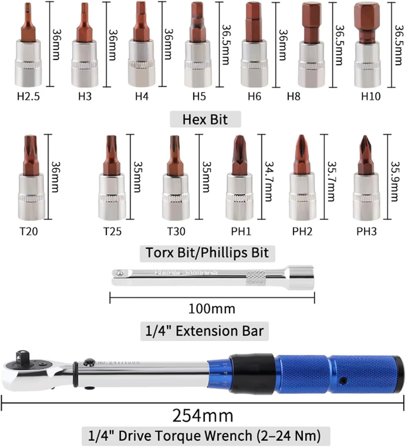 Rafford 1/4 Dual-Richtungs-Ratschen-Torsionsschlüssel-Set mit 72 Zähnen in Silber für Fahrrad und Auto, 2–24 NM, inklusive Kreuzschlitz, Sechskant und Torx - Bild 2