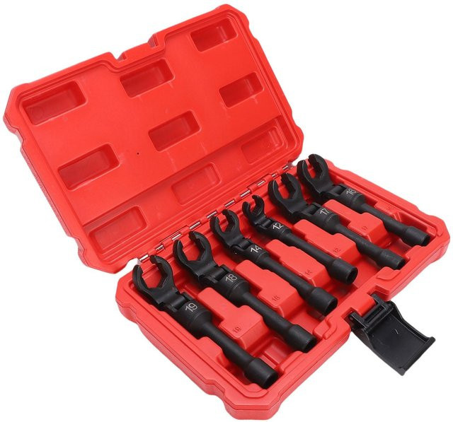 Aimo 6er Set Krähenfuß-Steckschlüssel mit flexiblem Kopf, 3/8 Zoll Antrieb, Farbe Rot, Größen: 12 mm, 14 mm, 16 mm, 17 mm, 18 mm, 19 mm - Bild 1