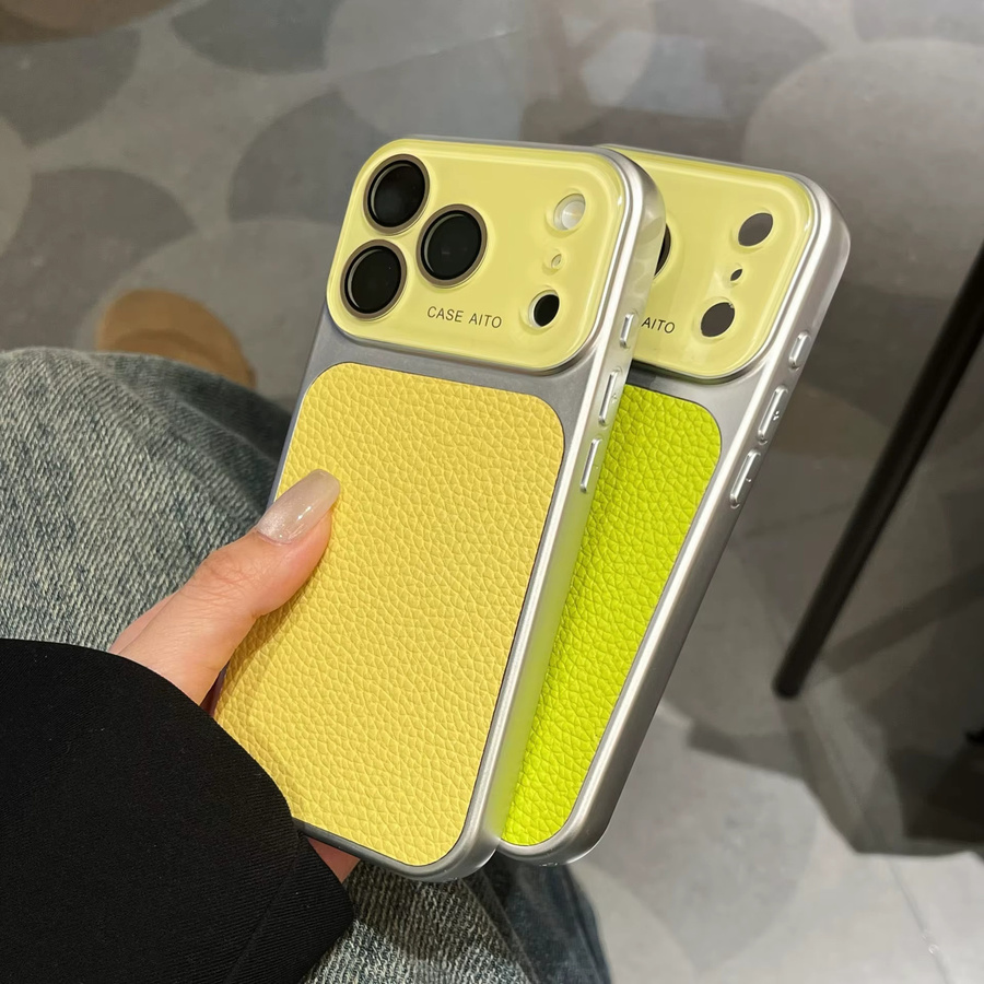 Apple Handyhülle aus PU-Leder in Litchi-Textur mit Linsenschutz und Stoßfänger für iPhone 17 16 15 14 Pro Max 13, Gelb - Bild 4
