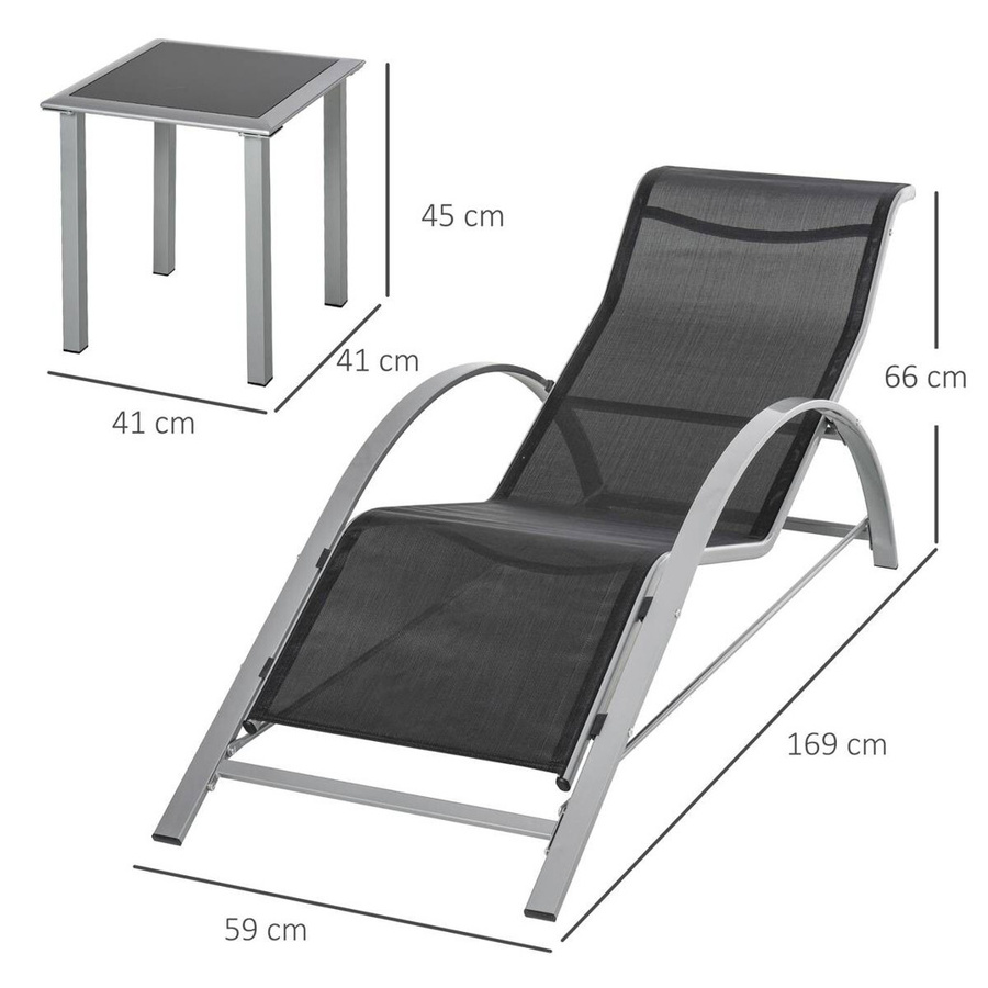 Outsunny Gartenliege-Set 3-teilig aus Metall mit Tisch und 2 Liegen in Schwarz und Silber, B/H/T: 59 x 66 x 169 cm - Bild 7
