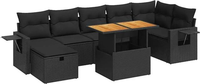 vidaXL 5-teilige Garten-Sofagarnitur in L-Form aus Polyrattan und Akazienholz mit Kissen in Schwarz - Bild 1