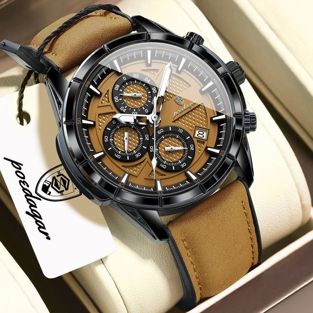 POEDAGAR Armbanduhr, Quarz, Leder, Schwarz, Chronograph, Herren - Bild 1