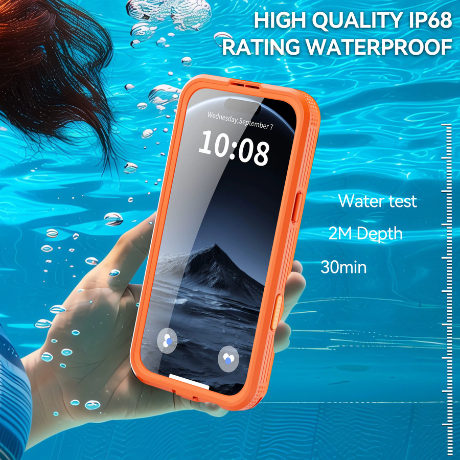 Shellbox Wasserdichte Handyhülle mit 360 Grad Rundum-Schutz und Sturzsicherung für iPhone 16 Pro Max, iPhone 17 Air, iPhone 15 und iPhone 14 Pro in Orange - Bild 3