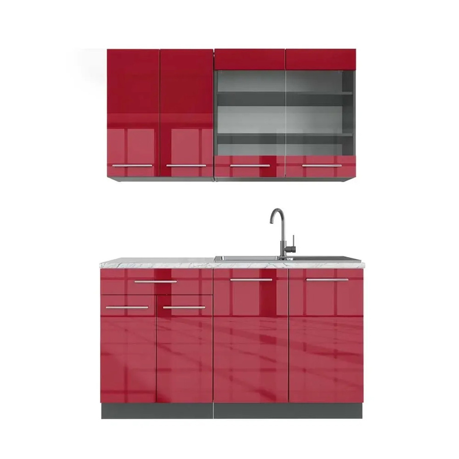 Vicco Fame-Line Singleküche in Bordeaux Hochglanz und Anthrazit, Breite: 140 cm, mit Marmor-Optik und Soft-Close-Türen - Bild 2