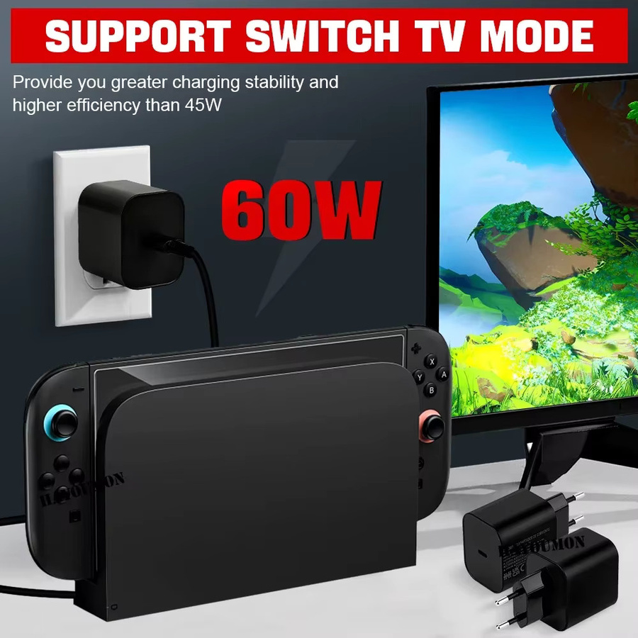 Hayoumon 60W USB-C Netzteil für Nintendo Switch, AC-Adapter mit 1,5m USB-C Ladekabel, Schwarz - Bild 5