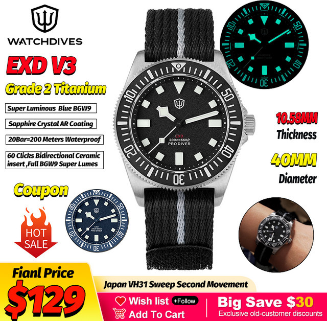 Watchdives Taucheruhr, Titan, Quarz, 40 mm, Blau, Herren - Bild 1