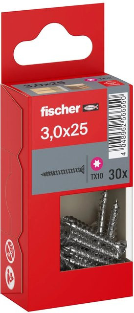 Fischer PowerFast II A2 Senkkopf TX Vollgewinde Schraube aus Edelstahl in Silber, Durchmesser: 3 mm, Länge: 25 mm, 30 Stück - Bild 1
