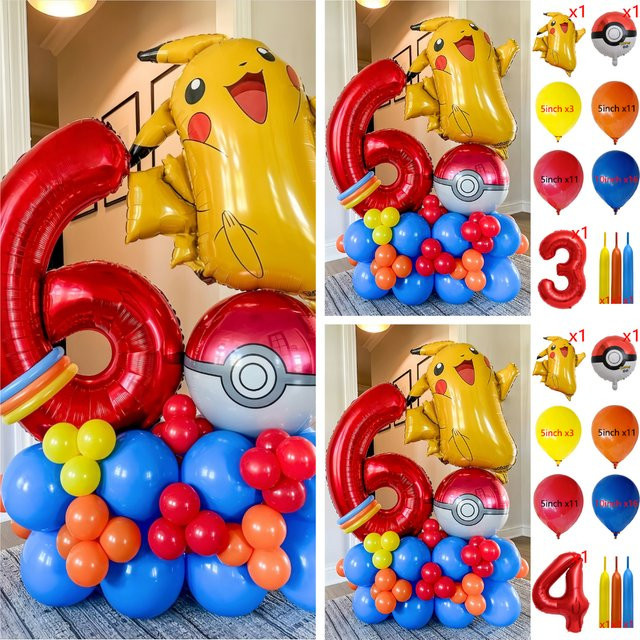 Potdemiel 47-teiliges Pikachu Cartoon Monster Ballon Set in Mehrfarbig für Kinder Geburtstage und Baby Shower Partys - Bild 1