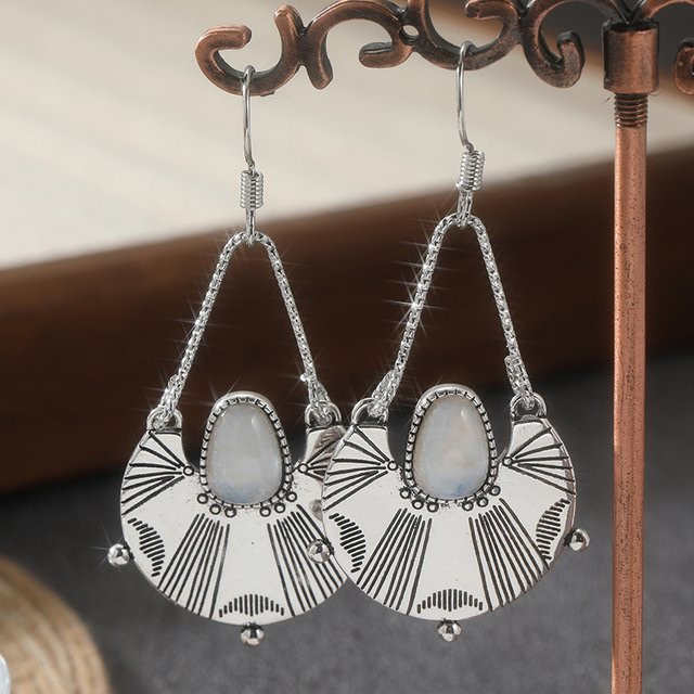 YoYo Ohrringe, Vintage, Silber, Synthetischer Mondstein, Lotus-Schnitzerei - Bild 1