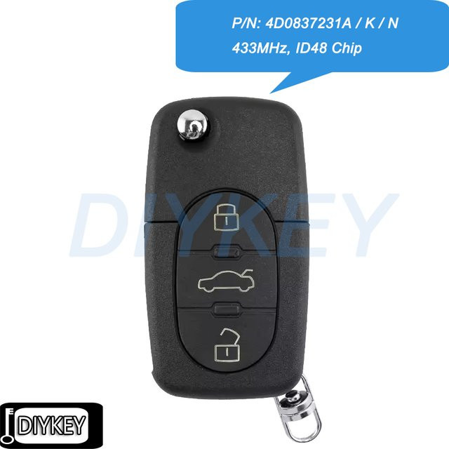 DIYKEY Flip Remote Auto Schlüsselanhänger mit 3 Tasten, 433 MHz und ID48 Chip für Audi A3 A4 A6 A8 TT RS4 Quattro, Farbe: Schwarz - Bild 1